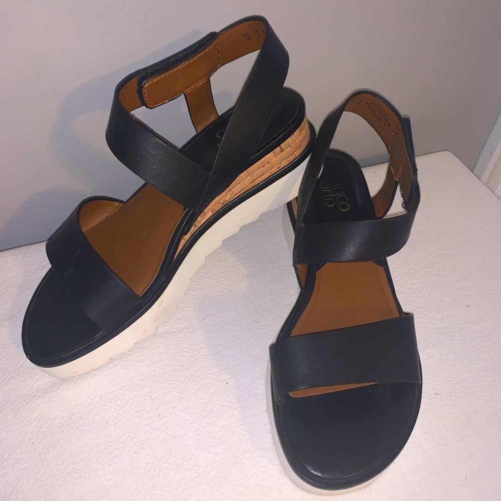 FRANCO SARTO - Black LEATHER WEDGE White Bottom Strap SANDAL Size 7